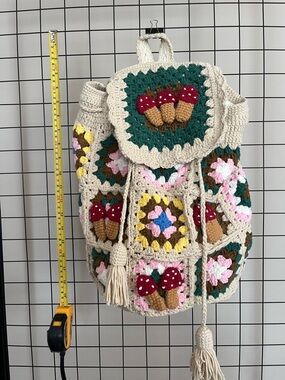 Handmade Crochet Mushroom Patchwork Backpack - Cream & Multicolor